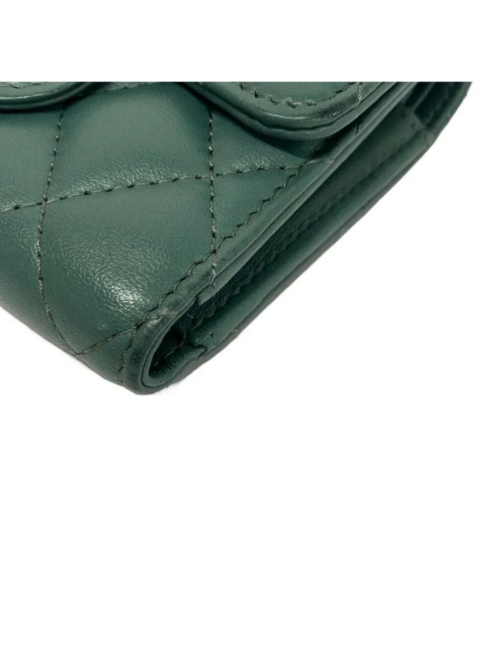 Chanel Trifold Wallet Quilted Blue Green CC Logo Gold Lambskin
